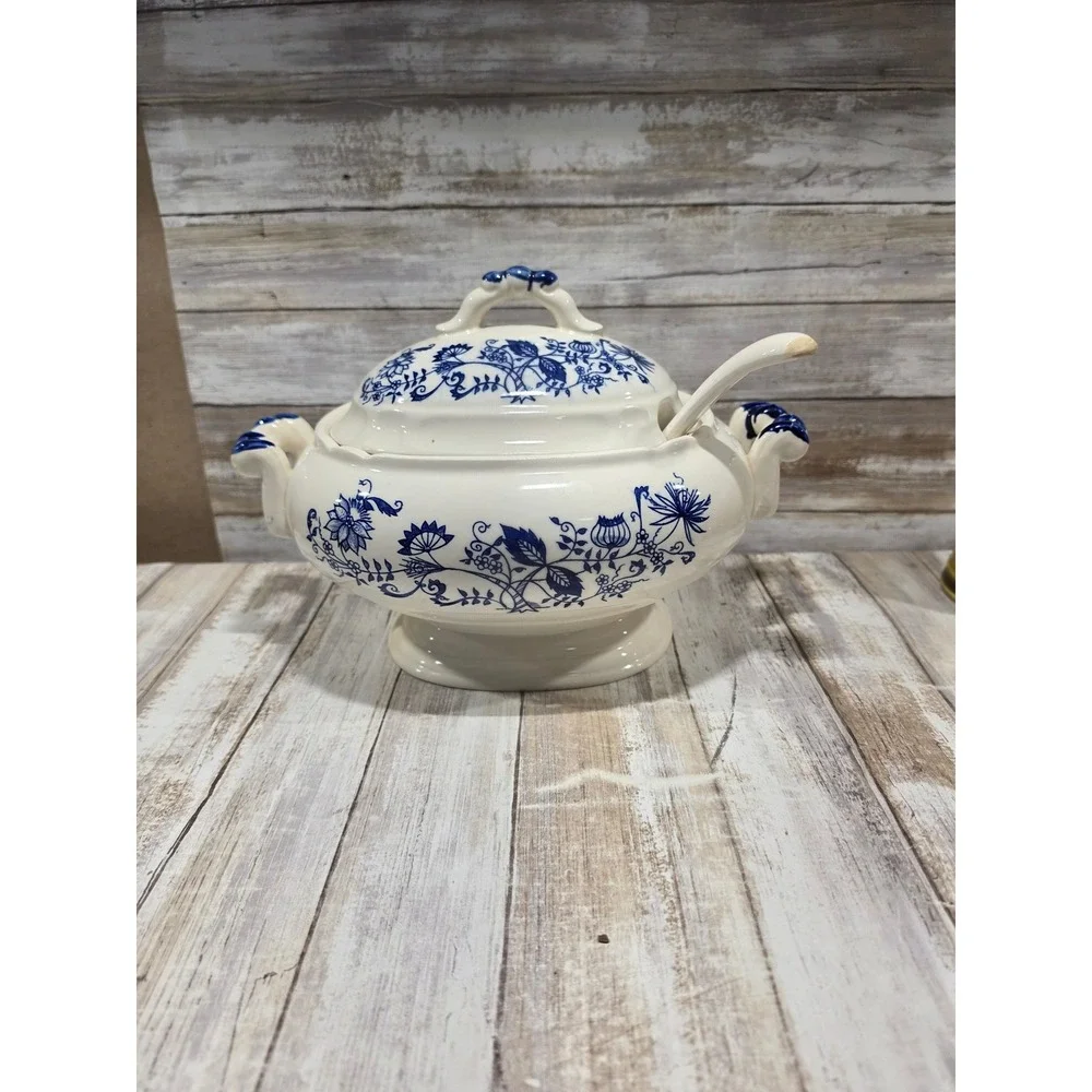 Vintage Blue Onion Ceramic Soup Tureen with Lid and Ladle Blue White Floral READ